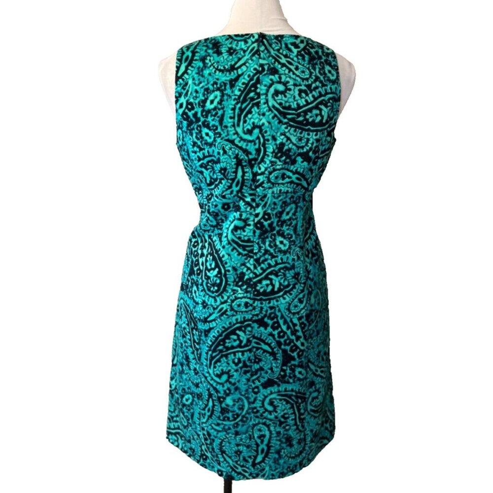 Jones New York Dress 10 Stretch Cotton Sheath Green Blue Paisley Washable - Picture 3 of 12